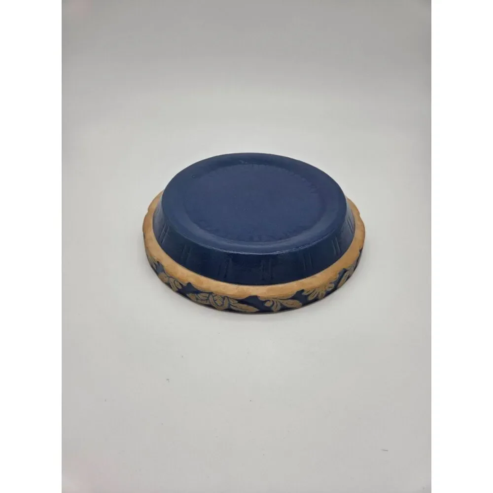 Clay City Pottery Blue Stoneware 10 Inch Pie Pan Dish Indiana Floral Leaf Vtg